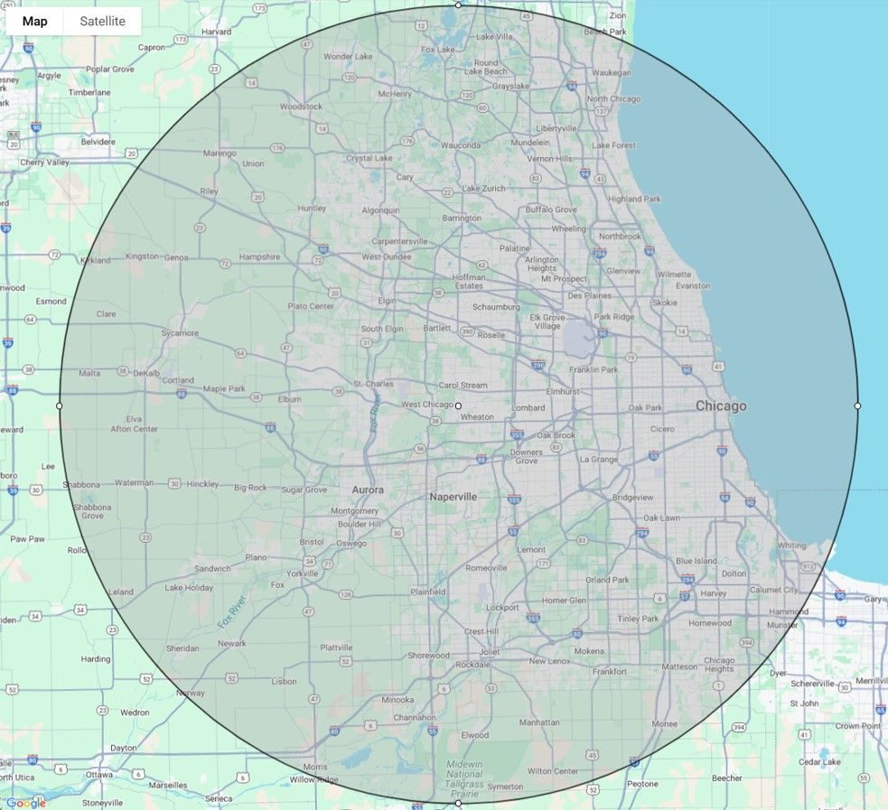 Service area map centered on Chicagoland